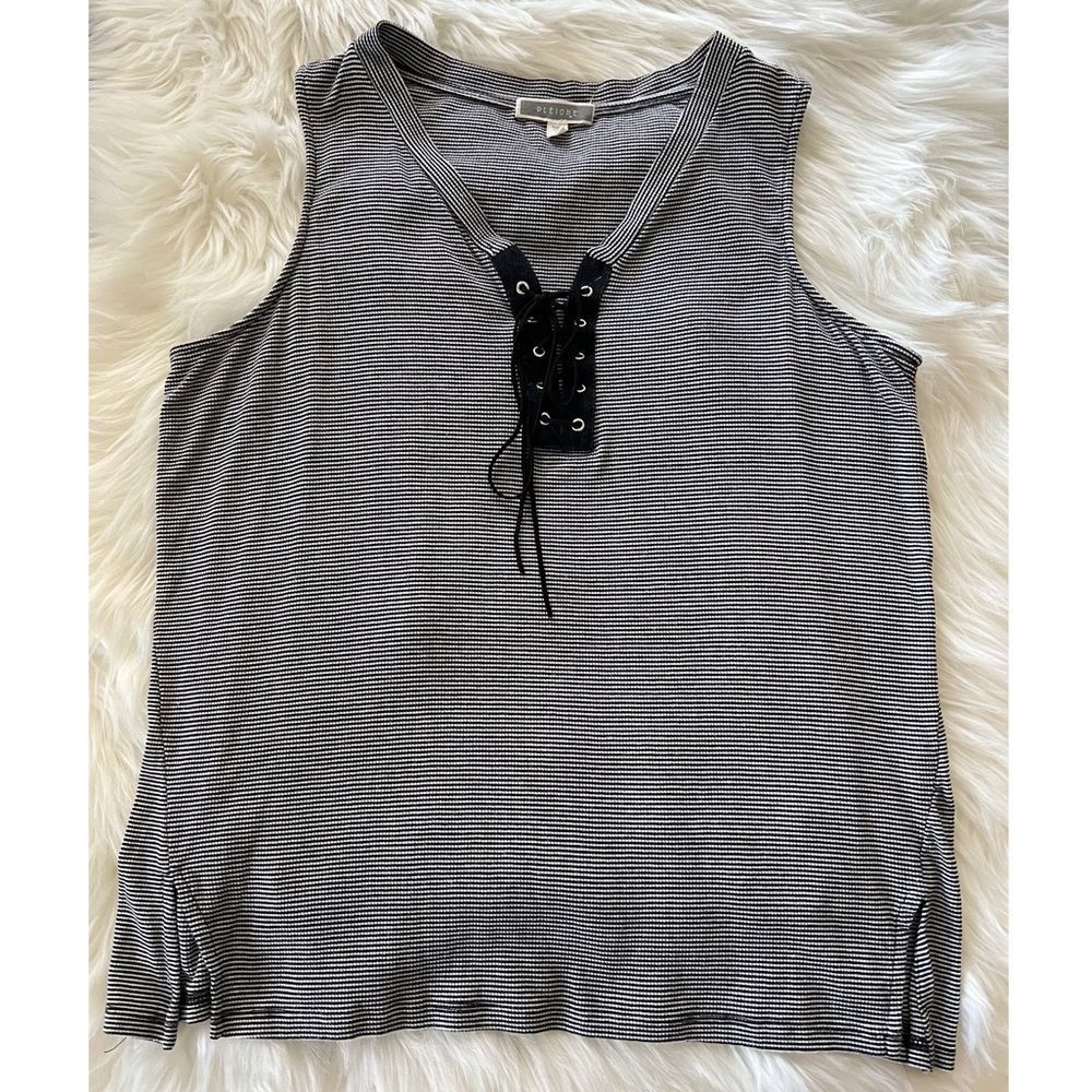 Pleione Tank Top Size Medium Black and White Stripe Front Lace Up